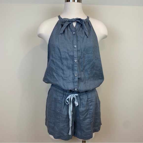 Lou & Grey Loft NWT Linen Dusty Gray Romper Sz S Tie Neck Racerback Pockets - Picture 3 of 15
